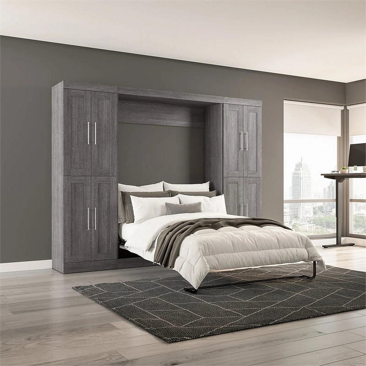 Bark Gray Full Murphy Bed with Storage Cabinets G914899