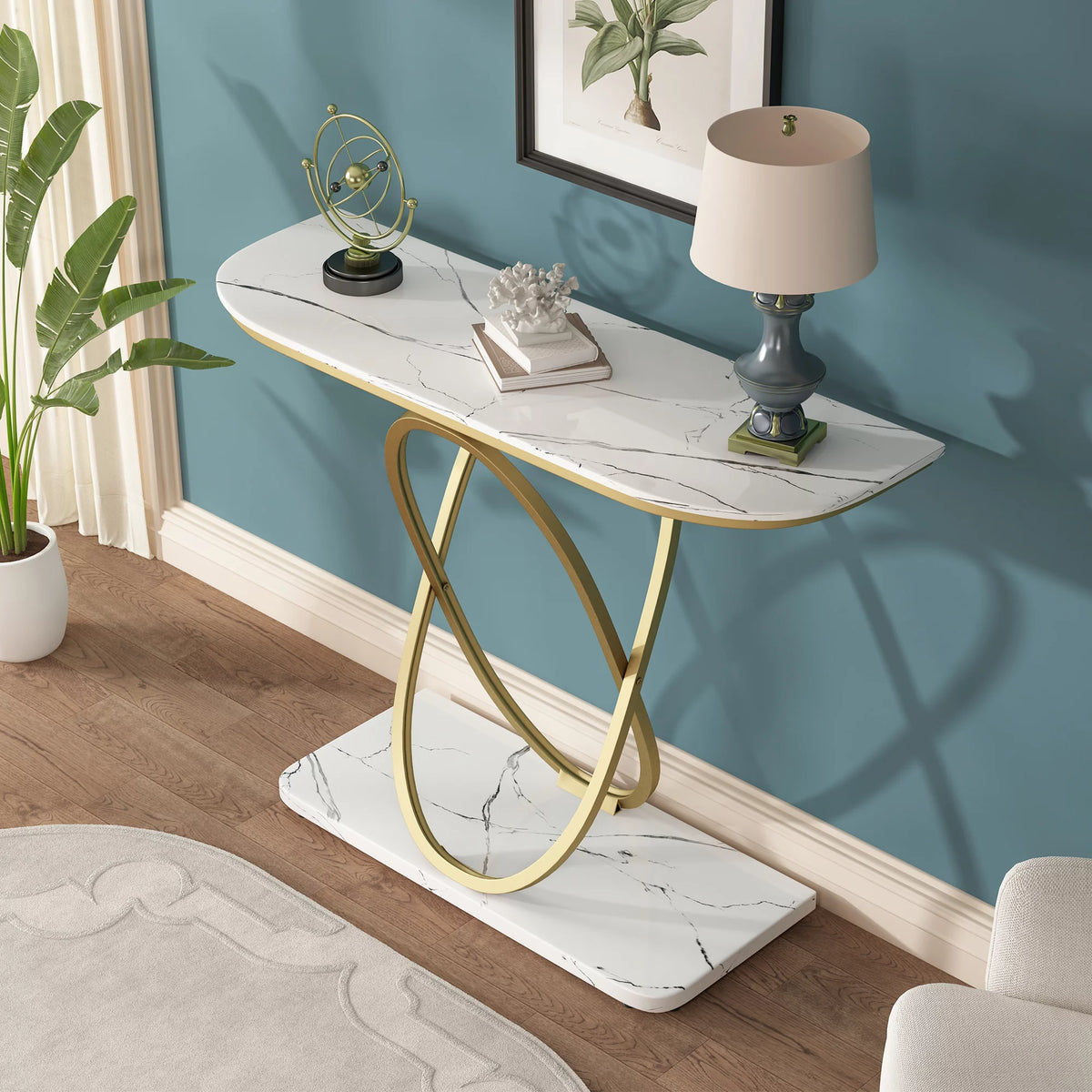 White & Gold Faux Marble Console Table Y210