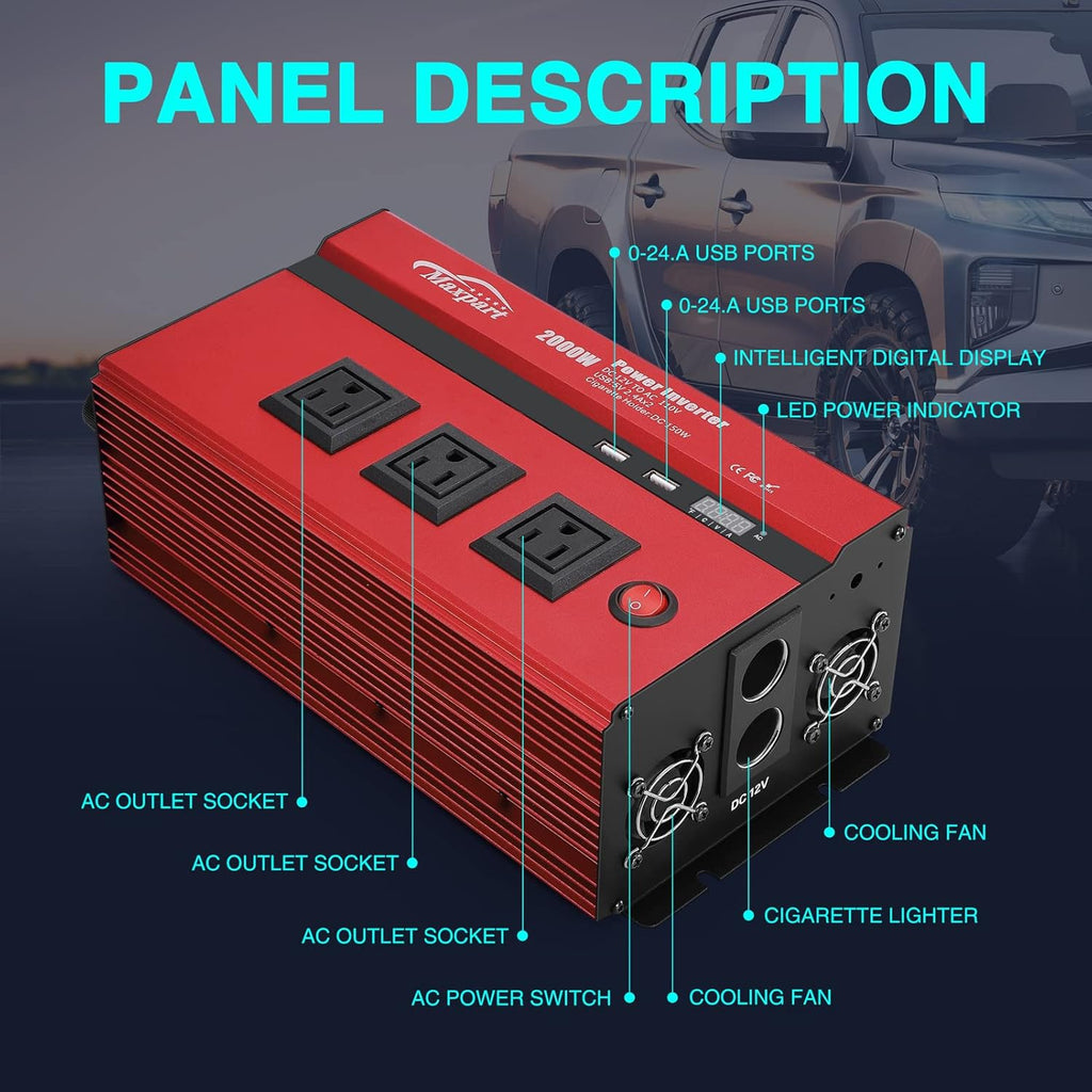 2000W Power Inverter 12v DC to 110v AC Converter with 3 AC Outlets H2338
