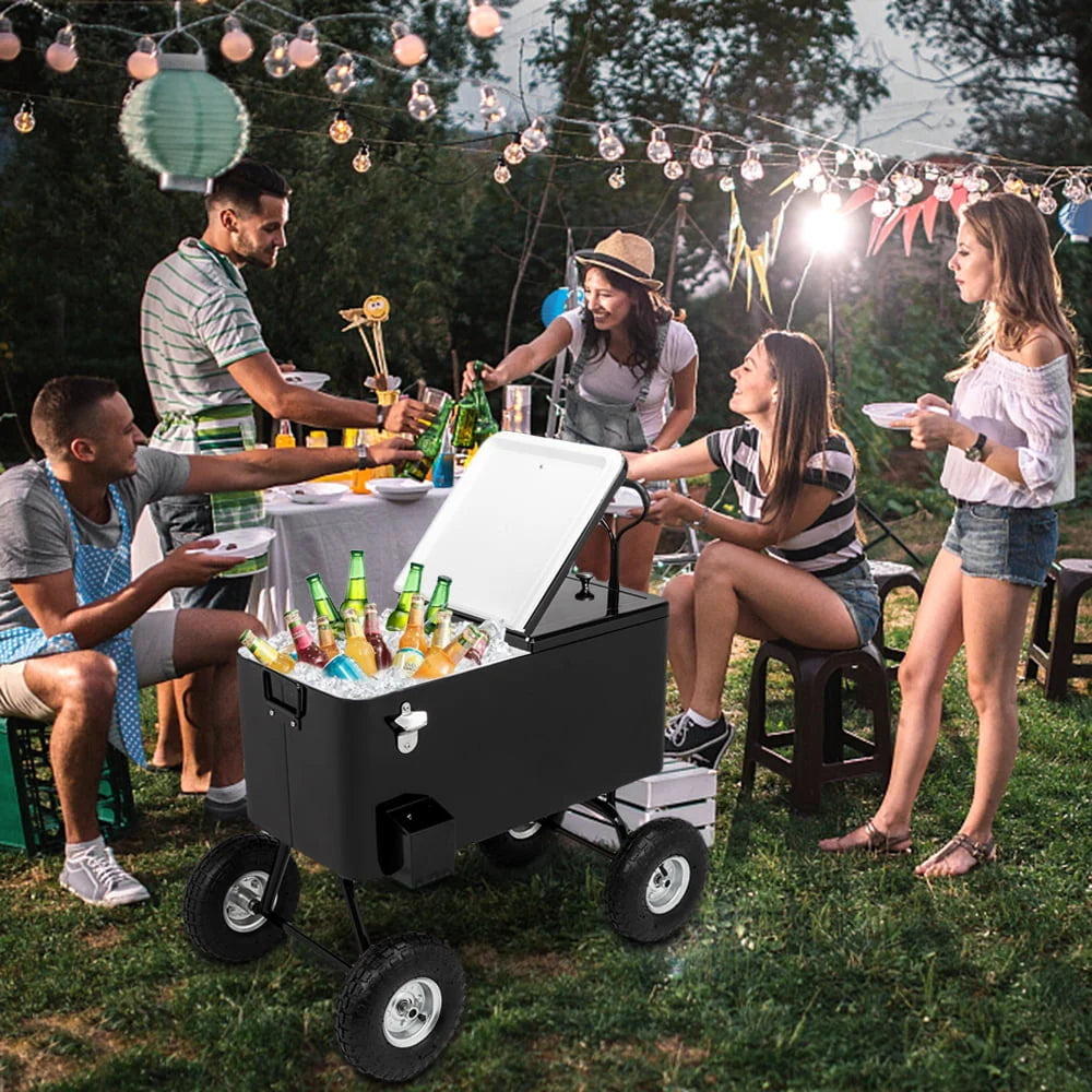 80 Quart Rolling Cooler Ice Chest with Long Handle and 10 Wheels Q50489