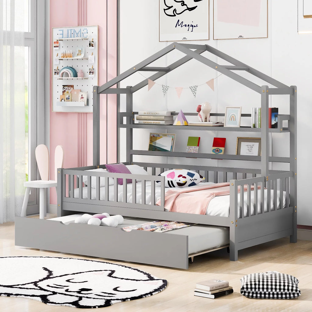 Gray Wood Twin House Bed with Trundle J17146