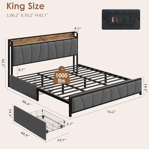 Full Size Linen Upholstered Platform Bed Frame with Storage Headboard and 2 Drawers J182