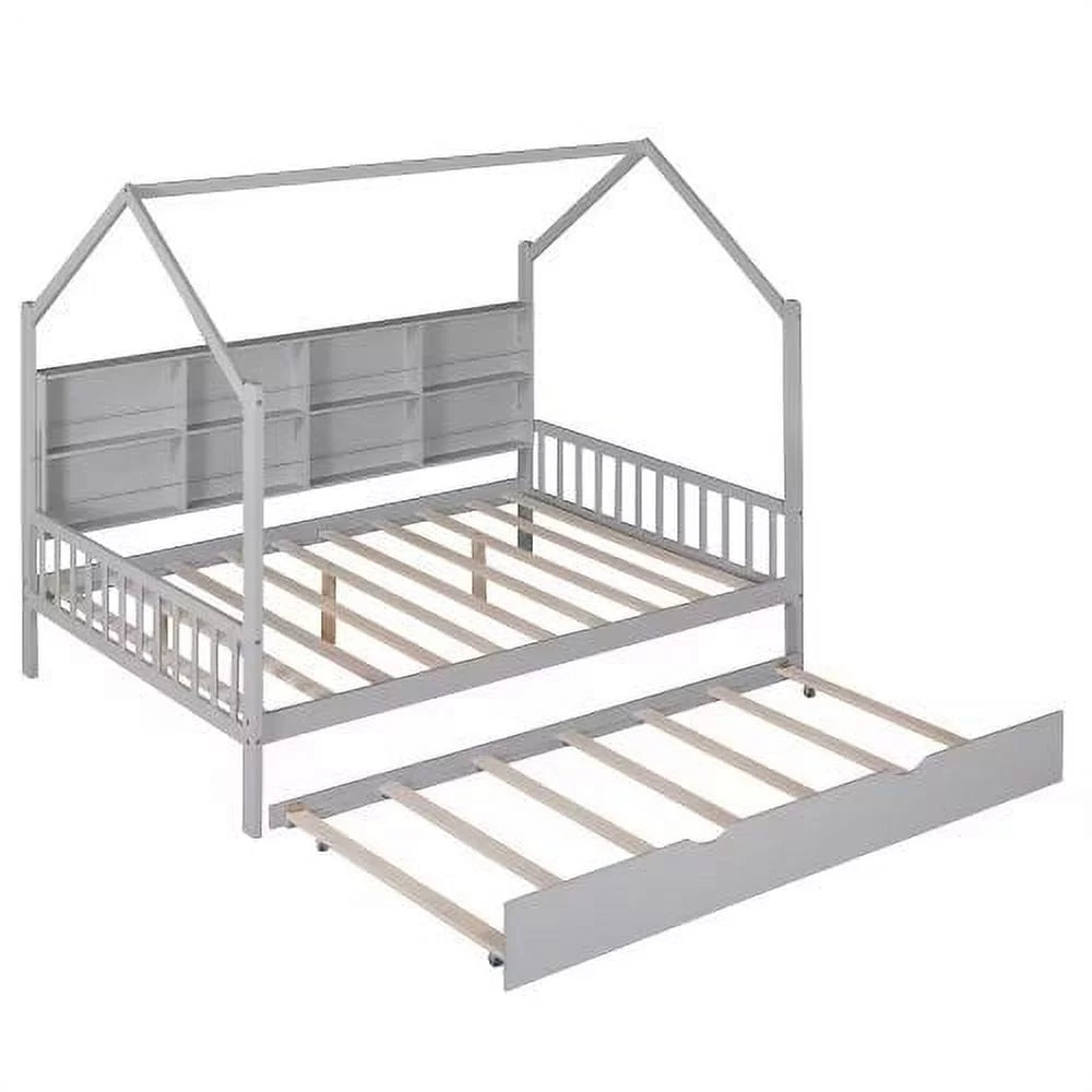 White Full Size Wood House Bed with Trundle and Shelves A943288