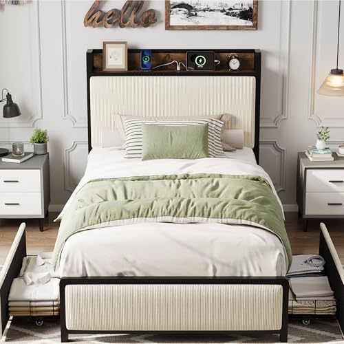 Full Size Linen Upholstered Platform Bed Frame with Storage Headboard and 2 Drawers J182