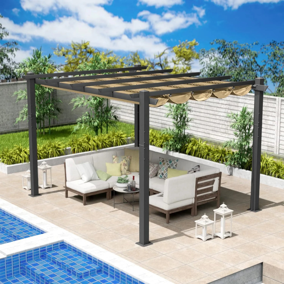 Extra-Large Gray Aluminum Frame Pergola with Sunshade Canopy 10'x12' Beige X363847