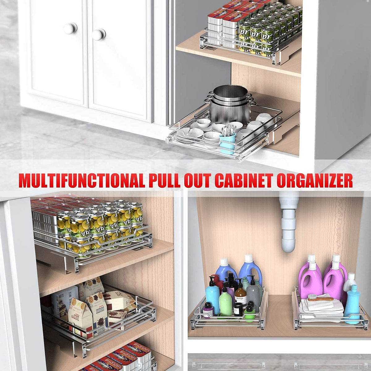 Pull Out Cabinet Organizer, Heavy Duty Slide Out Pantry Shelves Sliding Drawer Storage, 12.44 W x 16.54 D H809048