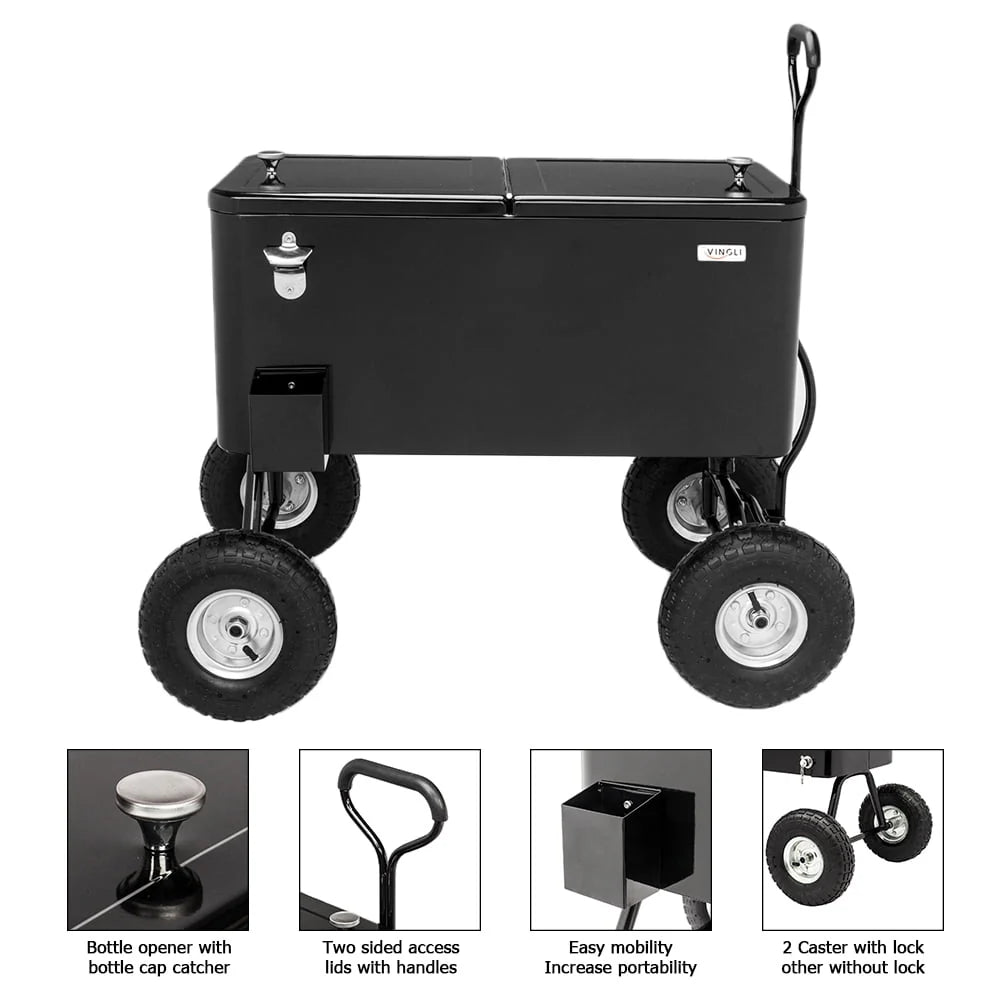 80 Quart Rolling Cooler Ice Chest with Long Handle and 10 Wheels Q50489