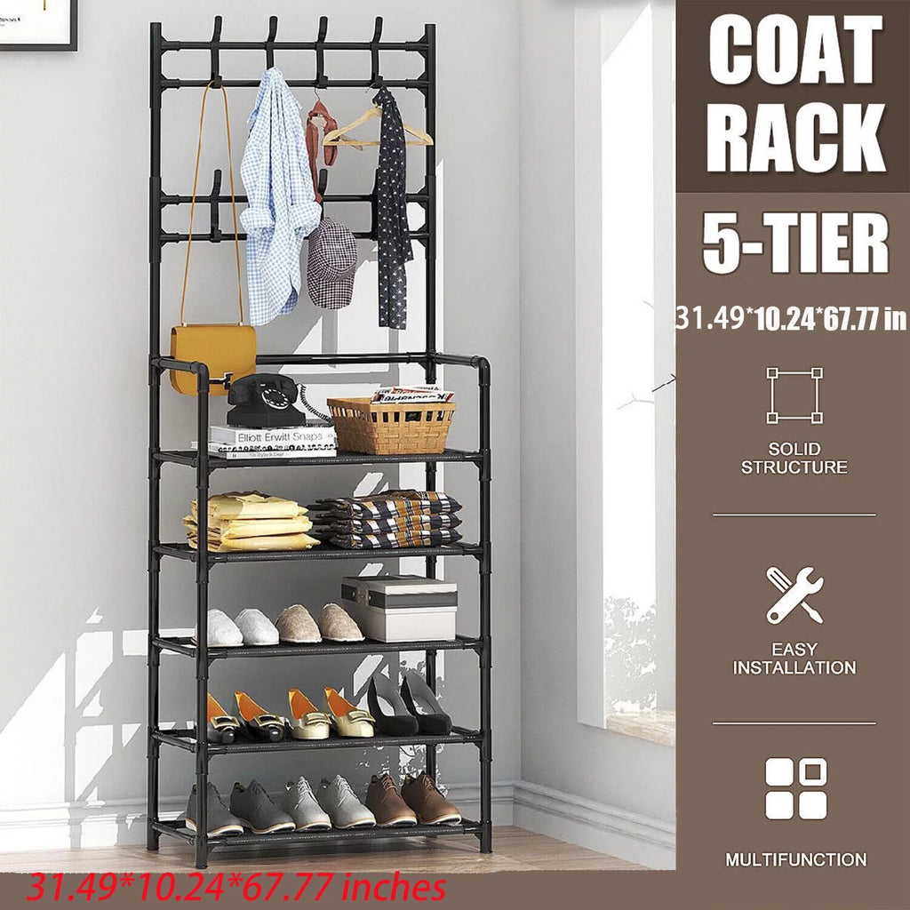 Coat Rack Stand with 5 Shelves Storage Black K75126