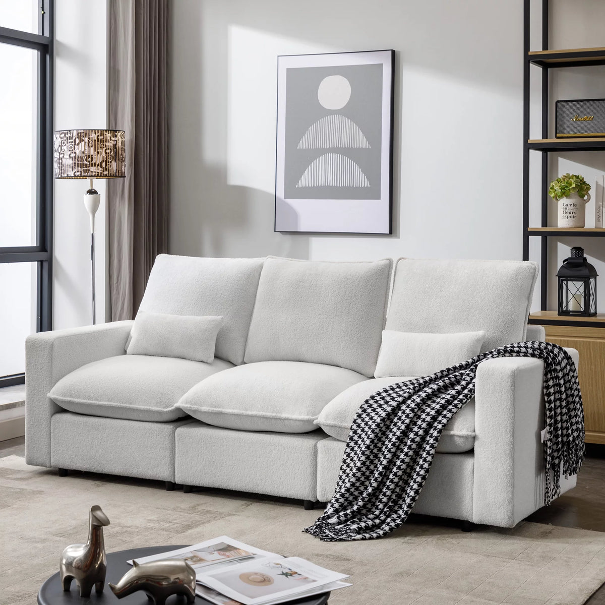 3 Seater White Teddy Fabric Sofa with Pillows E22944