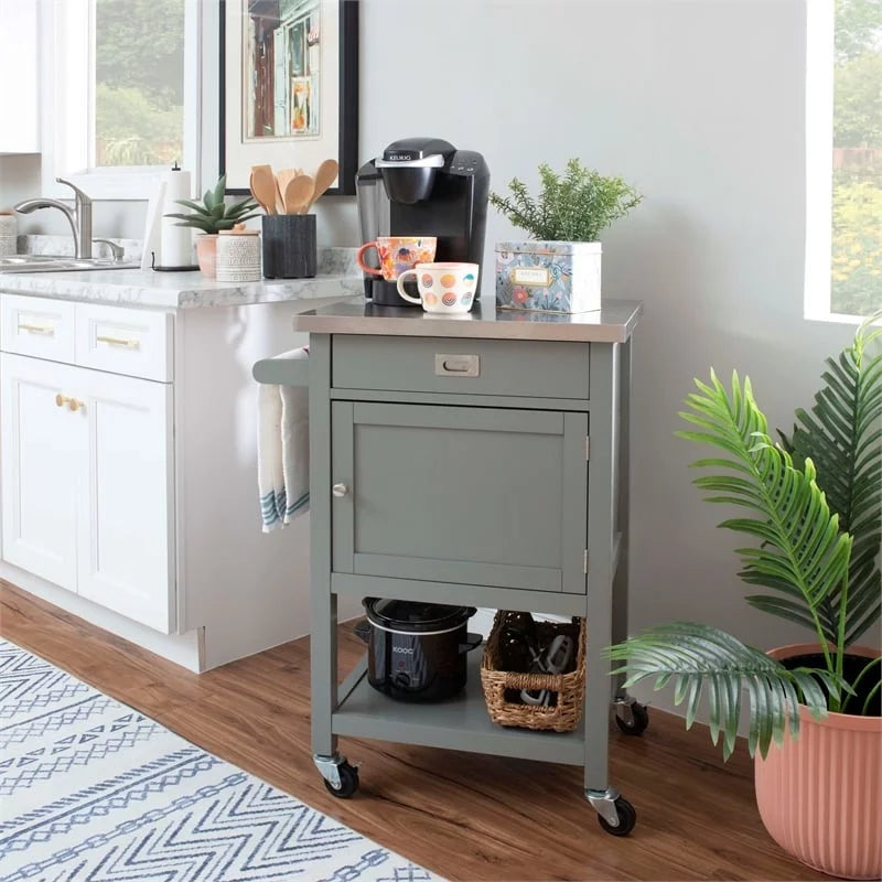 Gray Wood Stainless Steel-Top Kitchen Cart M266