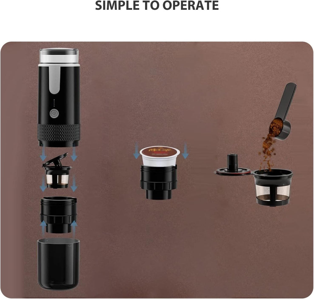 Portable Espresso Machine, Travel Coffee Maker Compatible with K Cup Capsules & Ground Coffee, 1200mah Battery, Handheld Single Serve Coffee Machine W847526