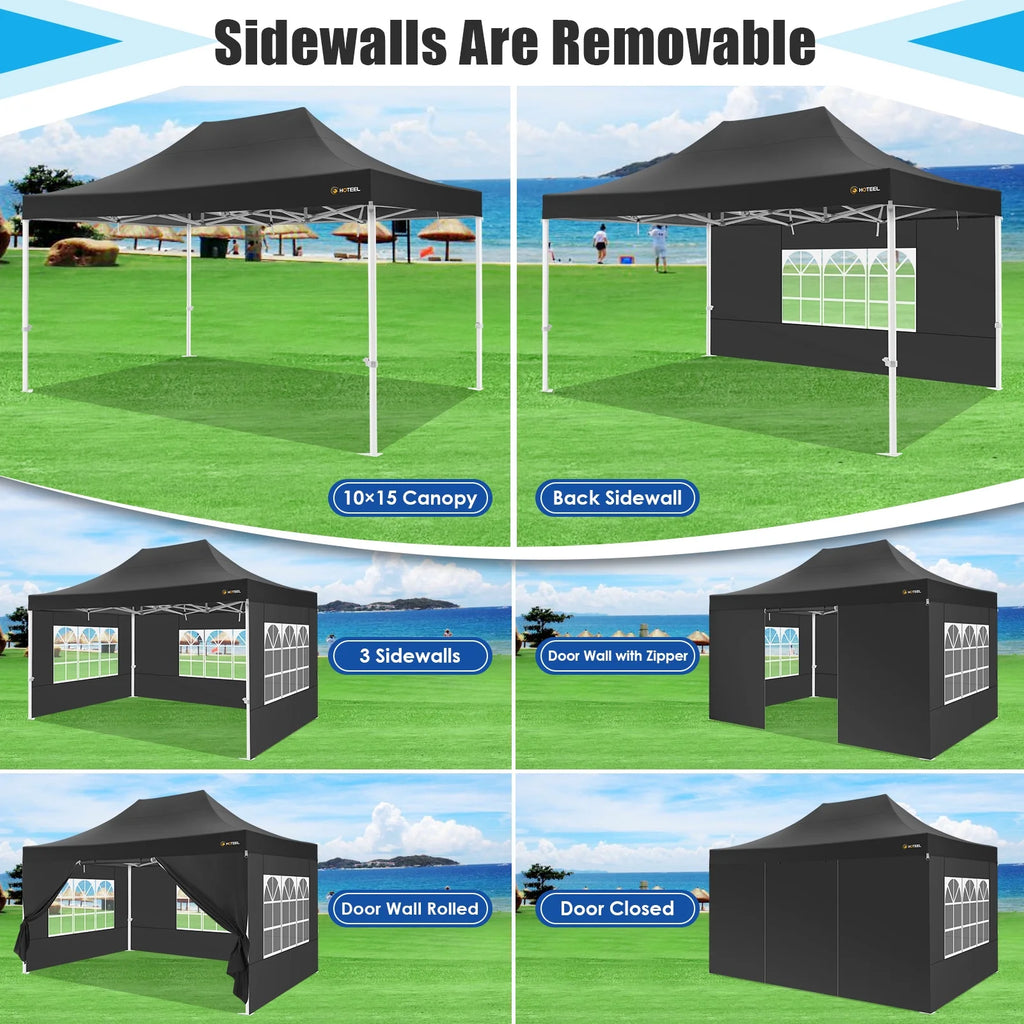 10x15 Heavy Duty Pop up Canopy Tent with 4 Sidewalls and Roller Bag, Black U176