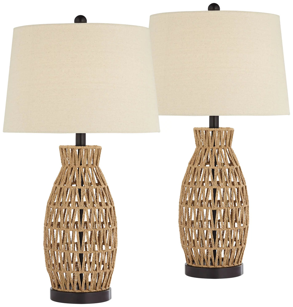 Set of 2 29" Tall Natural Rattan Wicker Table Lamps L890