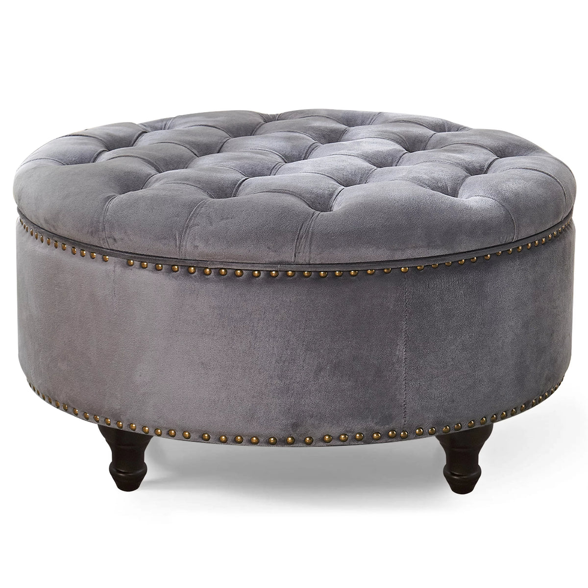 Dark Grey Upholstered Round Storage Ottoman P344908