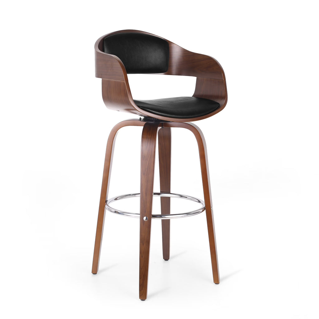 Midnight Black and Walnut Upholstered Swivel Barstool F248