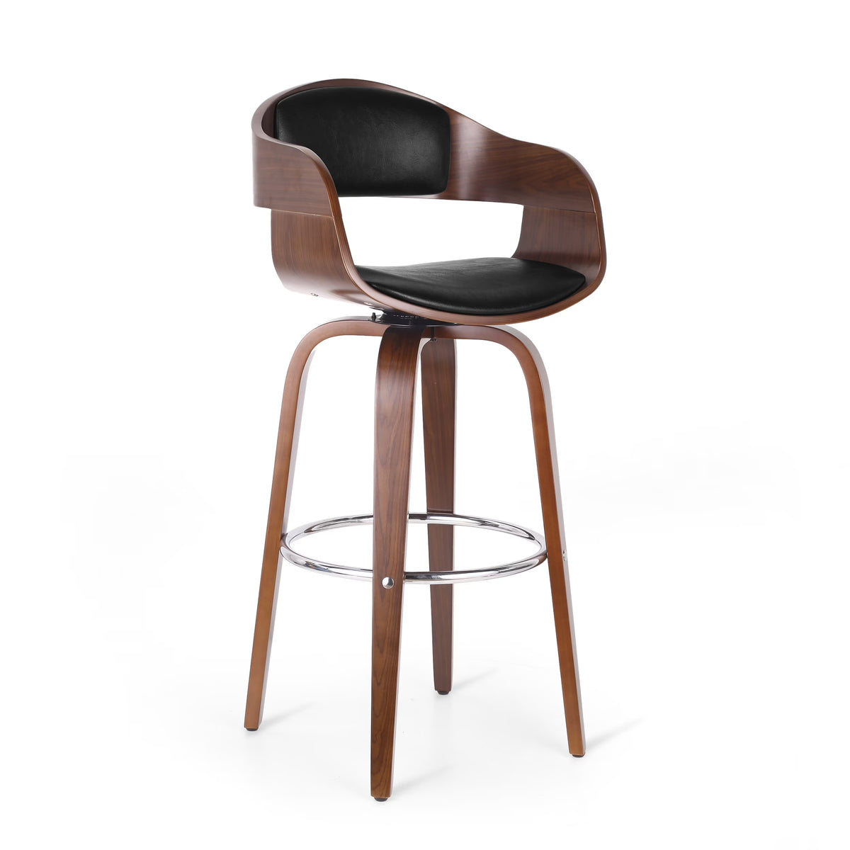 Midnight Black and Walnut Upholstered Swivel Barstool F248