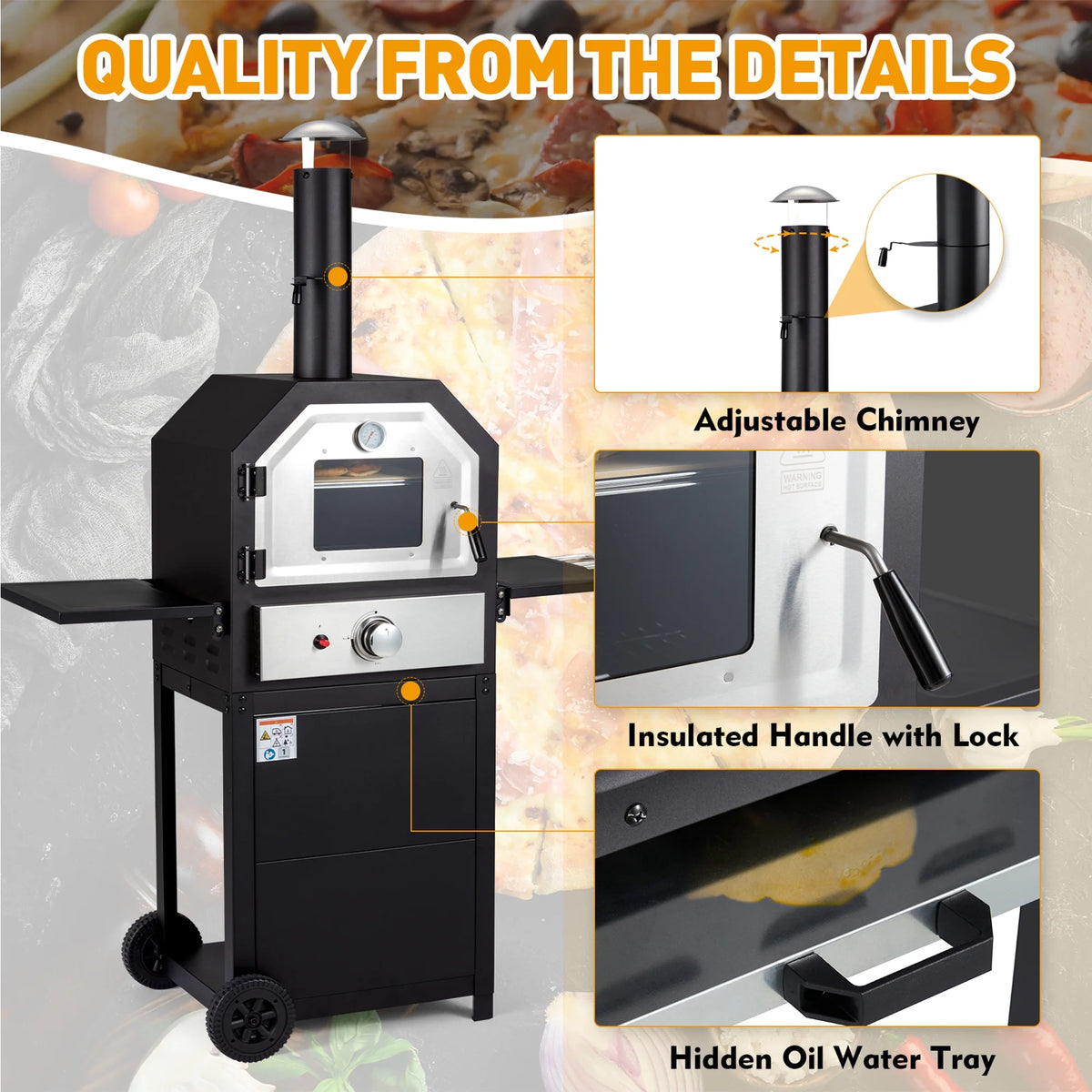 12 Propane Gas Pizza Oven with 2 Foldable Shelves and Wheels M2541