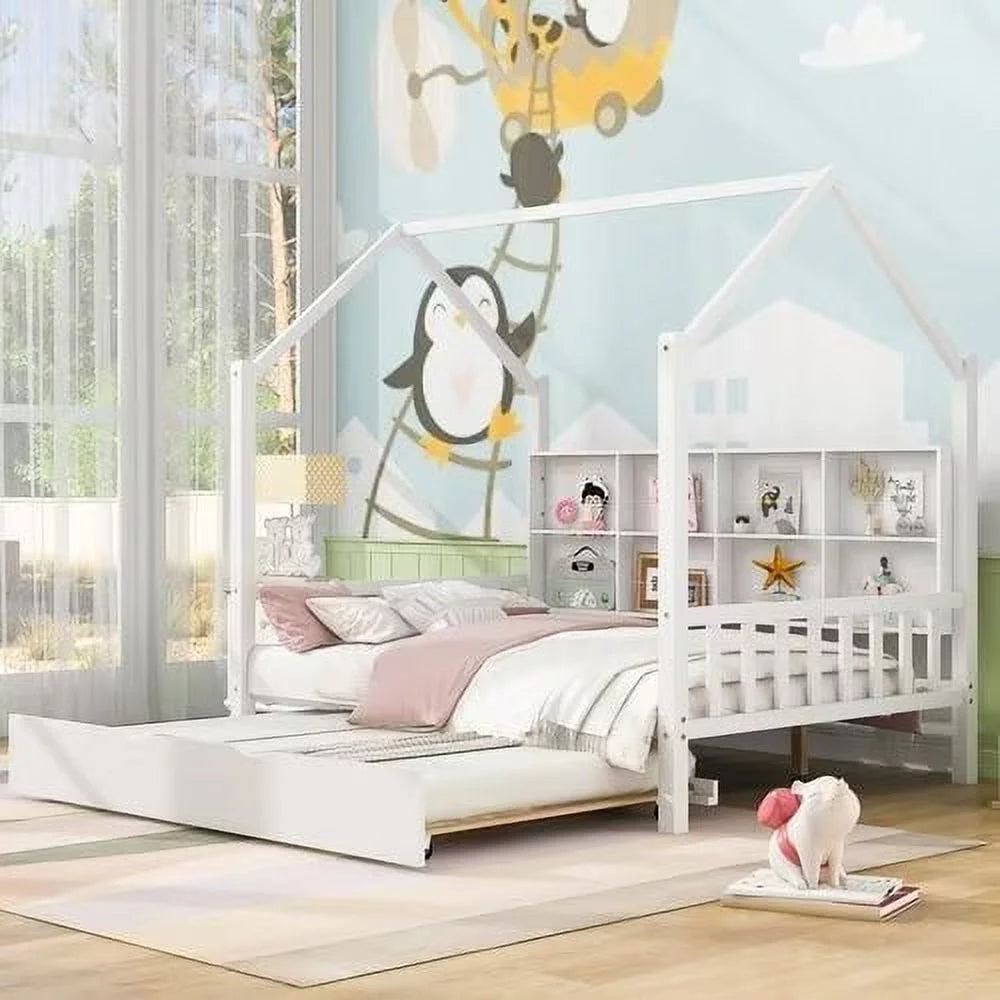 White Full Size Wood House Bed with Trundle and Shelves A943288