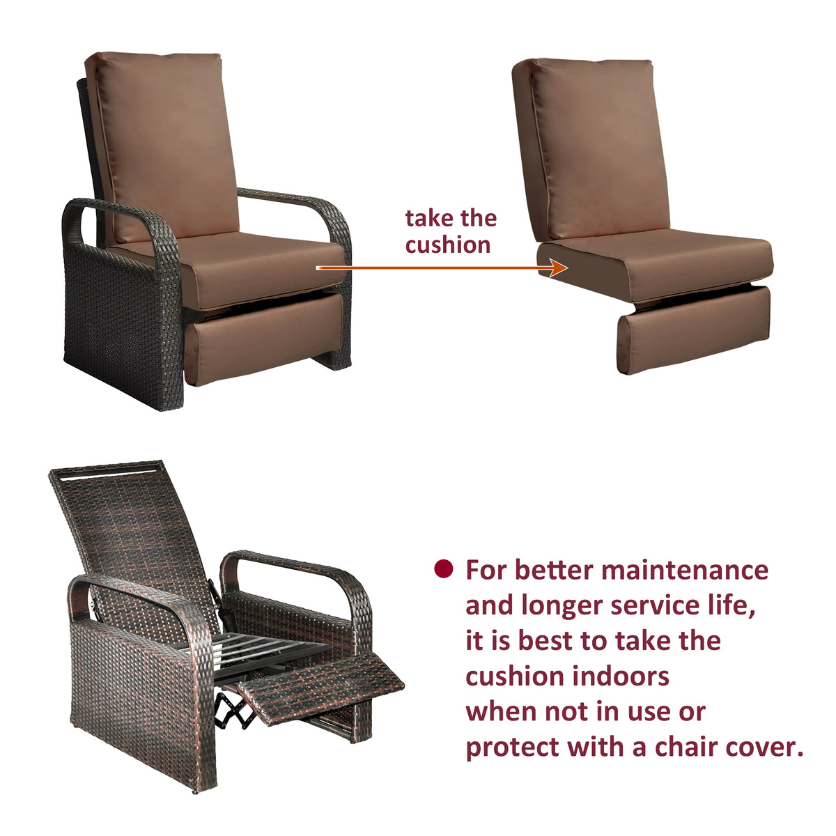 Brown Waterproof Outdoor Recliner Replacement Cushion F7205