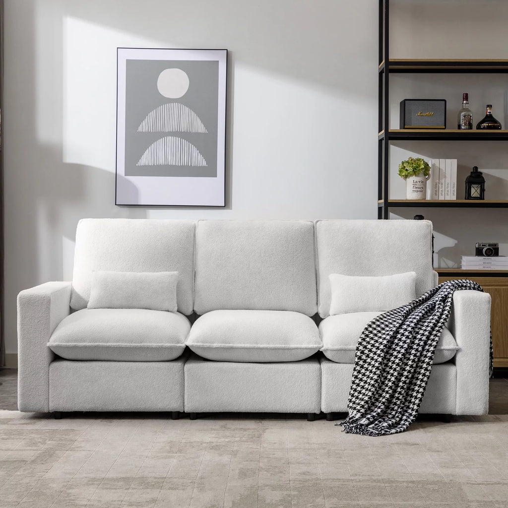 3 Seater White Teddy Fabric Sofa with Pillows E22944