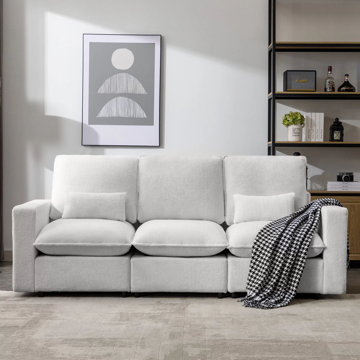 3 Seater White Teddy Fabric Sofa with Pillows E22944