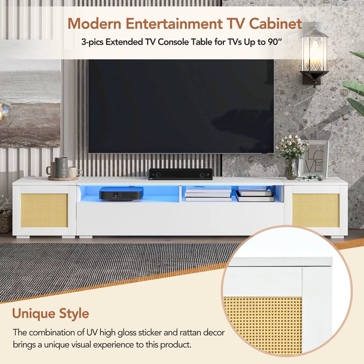 White 90 Inch TV Stand with LED Lights Y58172