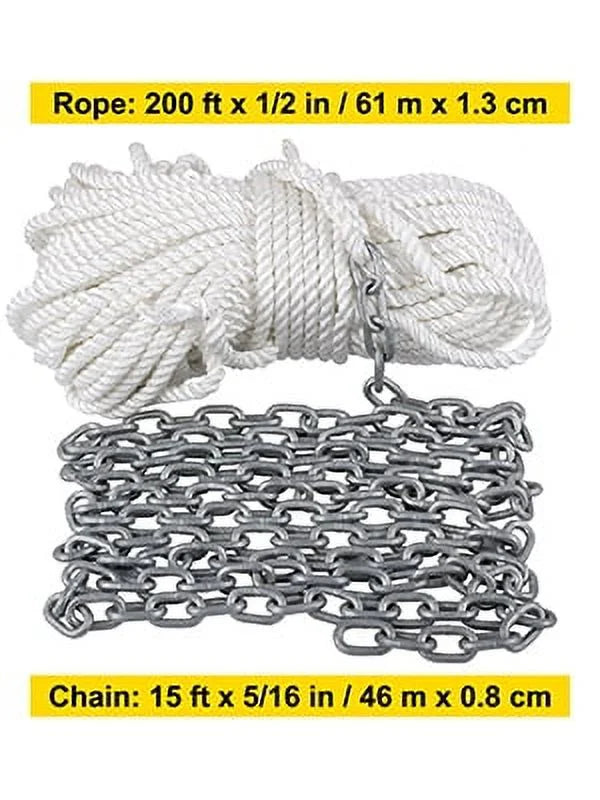 Boat Anchor Chain 15' x 5/16" Galvanized Chain with 1/2" x 200' Nylon Rope P638