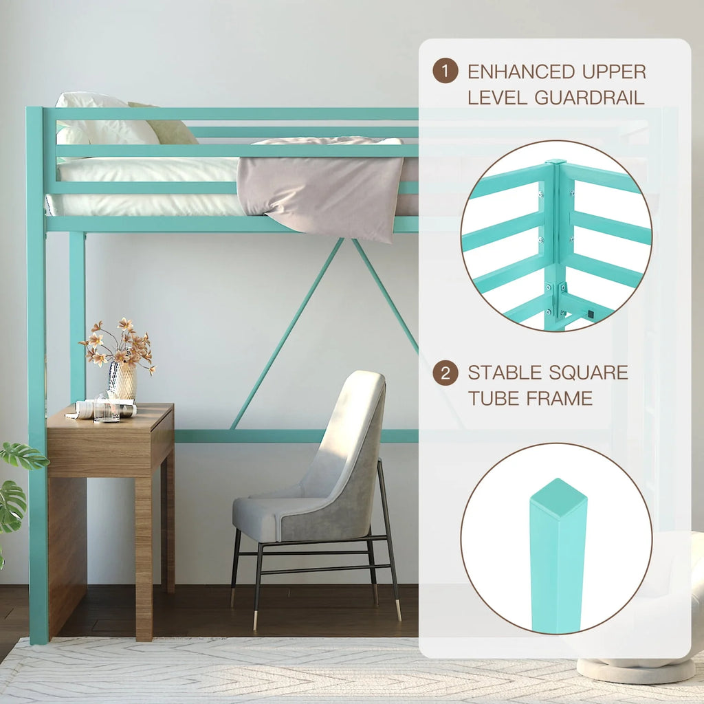 Black Twin Size Metal Loft Bed with Stair & Safety Guard J3661