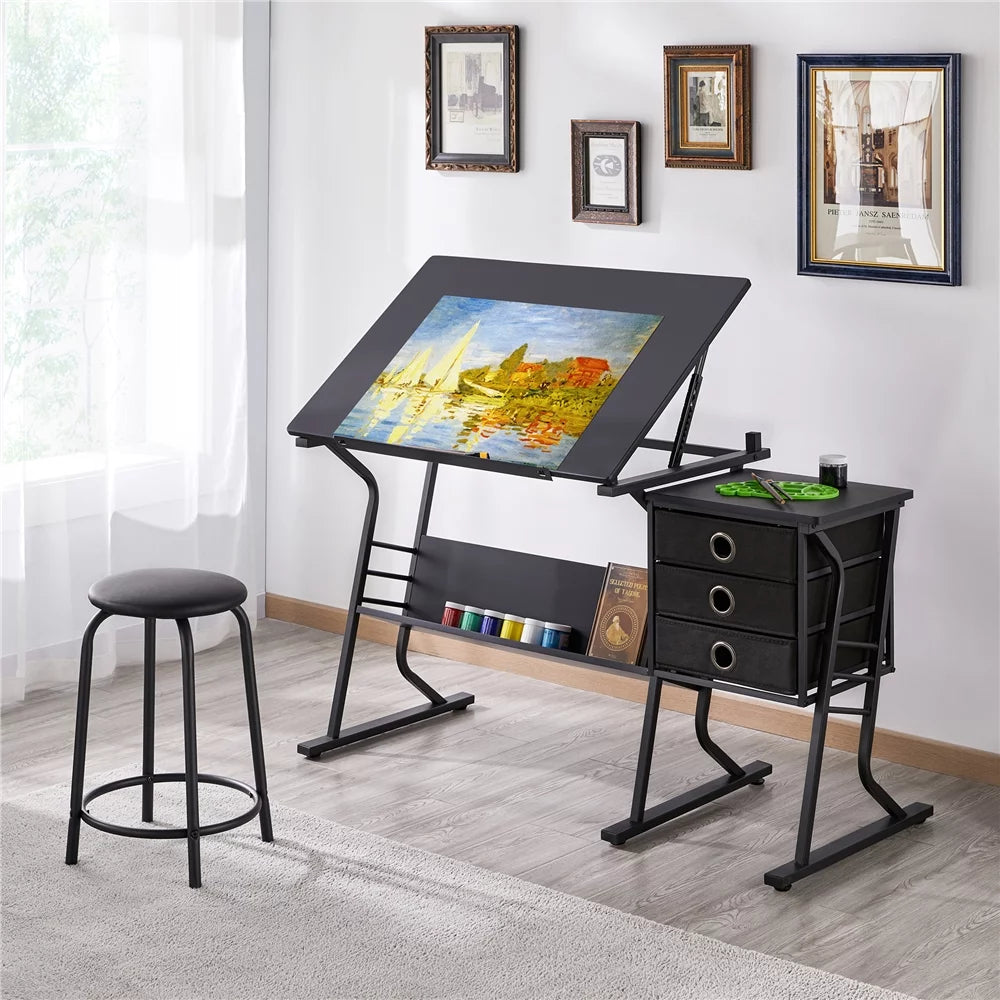 Black Adjustable Drafting Table with Storage Drawers and Stool S657196