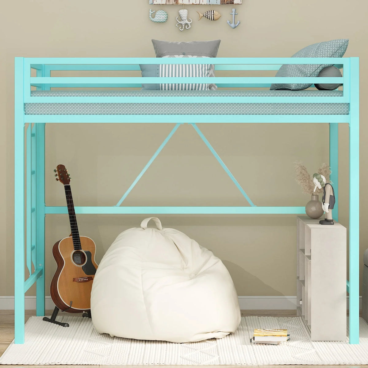 Black Twin Size Metal Loft Bed with Stair & Safety Guard J3661