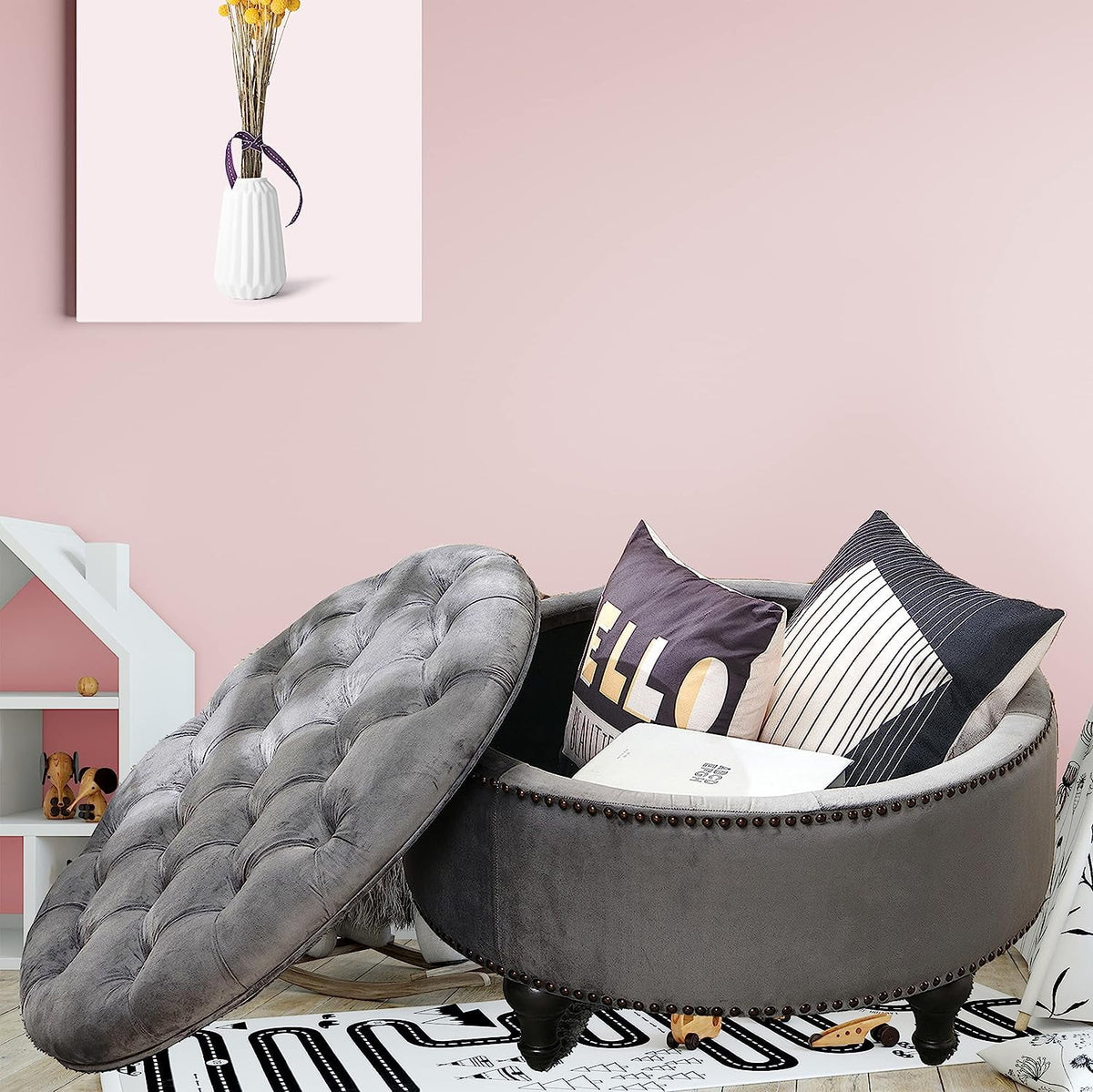 Dark Grey Upholstered Round Storage Ottoman P344908