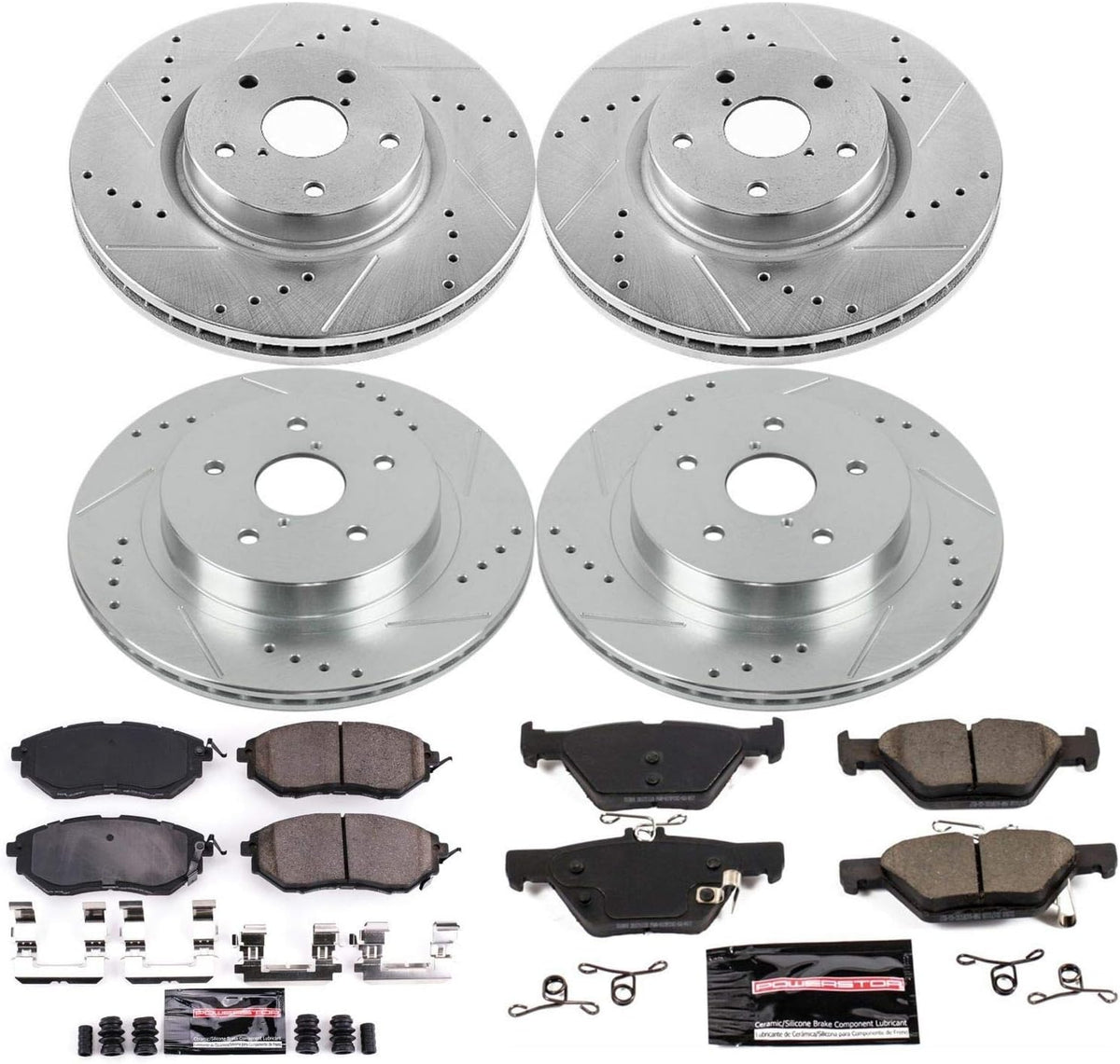 Front and Rear Carbon Fiber Brake Pads with Drilled & Slotted Brake Rotors Kit X906262