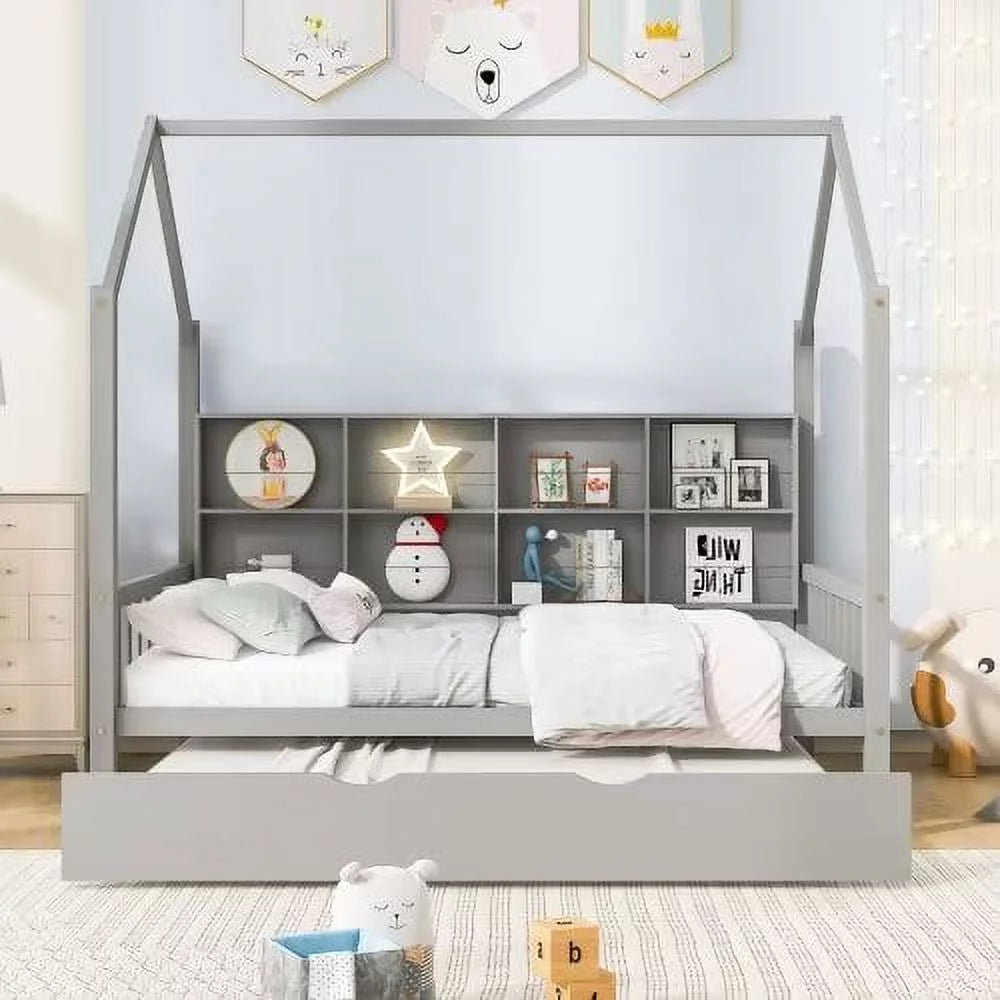 White Full Size Wood House Bed with Trundle and Shelves A943288