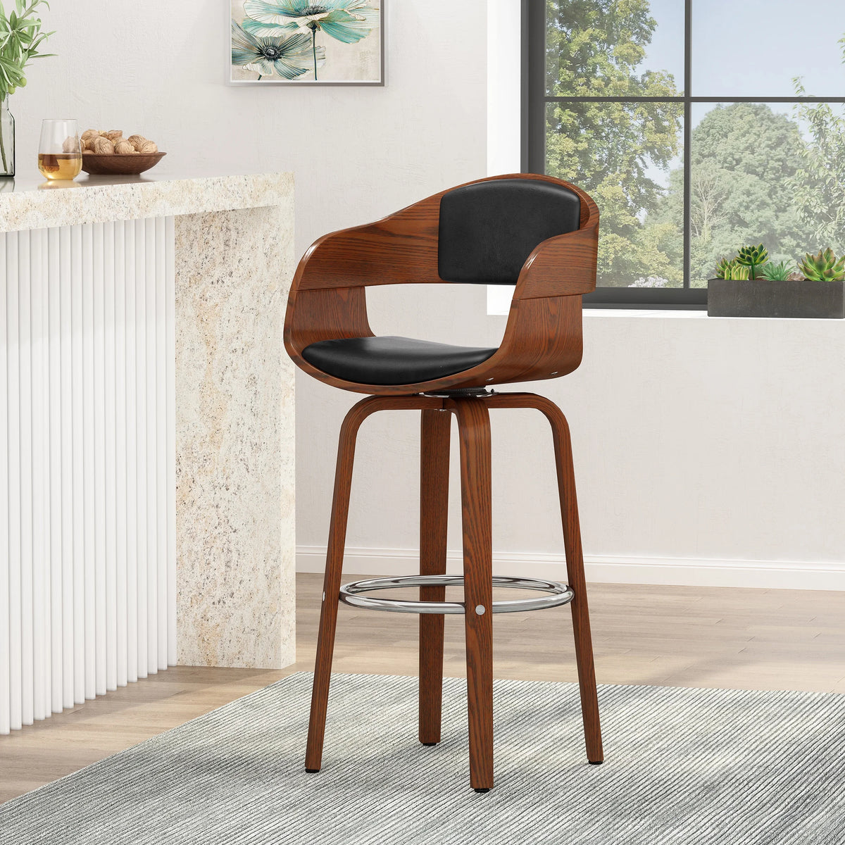 Midnight Black and Walnut Upholstered Swivel Barstool F248