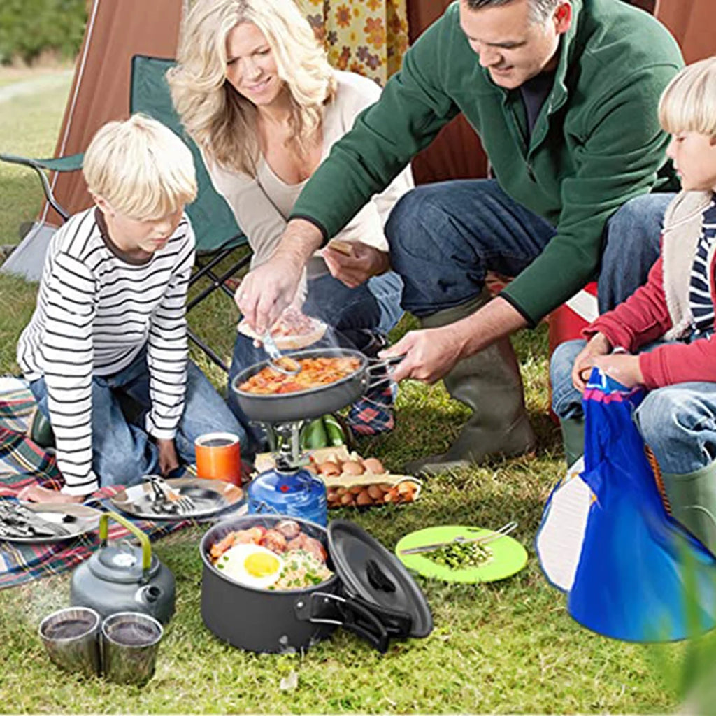 Camping Cookware Mess Kit Pot Pan Kettle Cooking Set with Spoon Fork W185