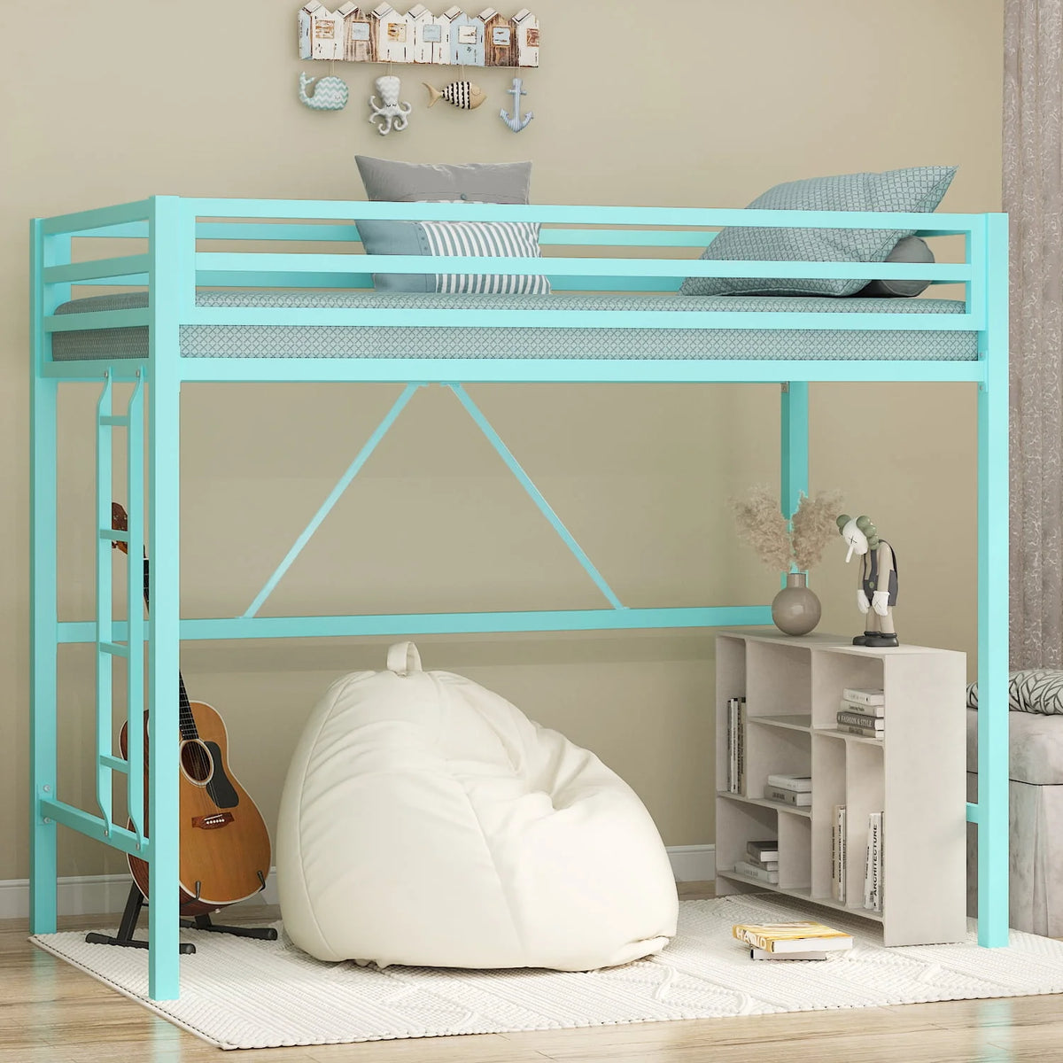 Black Twin Size Metal Loft Bed with Stair & Safety Guard J3661