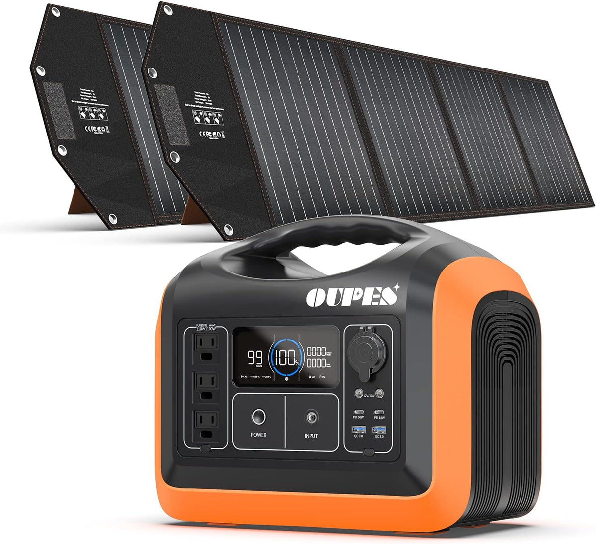 Solar Generator 1100W with 2pcs Foldable Solar Panel 100W, 3x 110V AC Outlets V69295