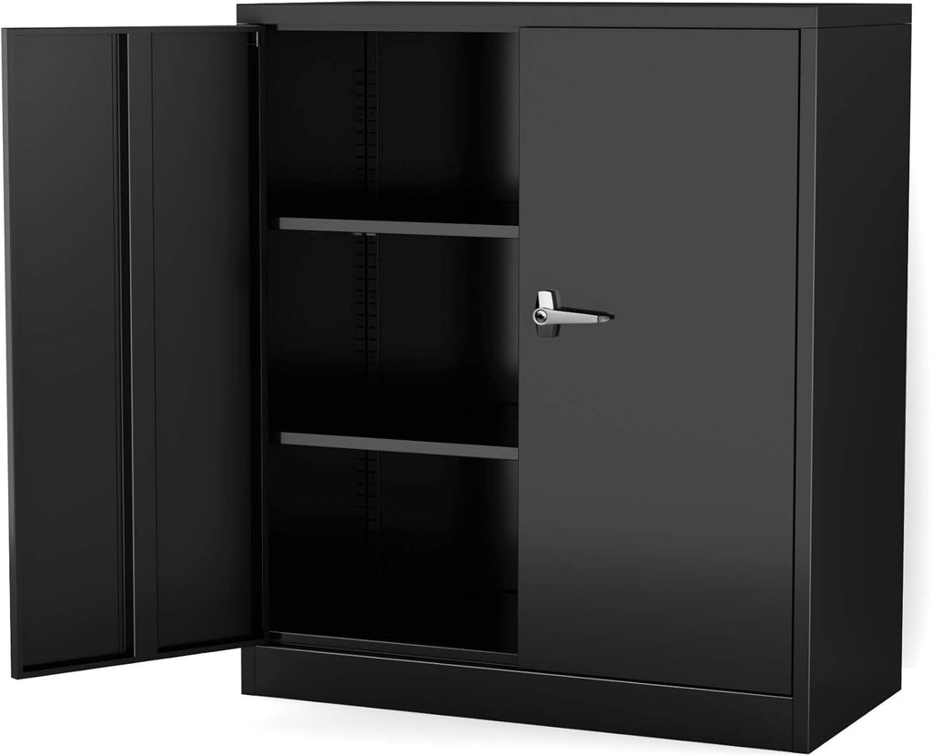 Black Steel Storage Cabinet with 2 Adjustable Shelves and Lockable Doors I699