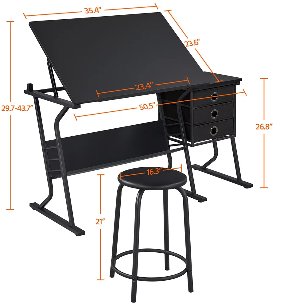 Black Adjustable Drafting Table with Storage Drawers and Stool S657196