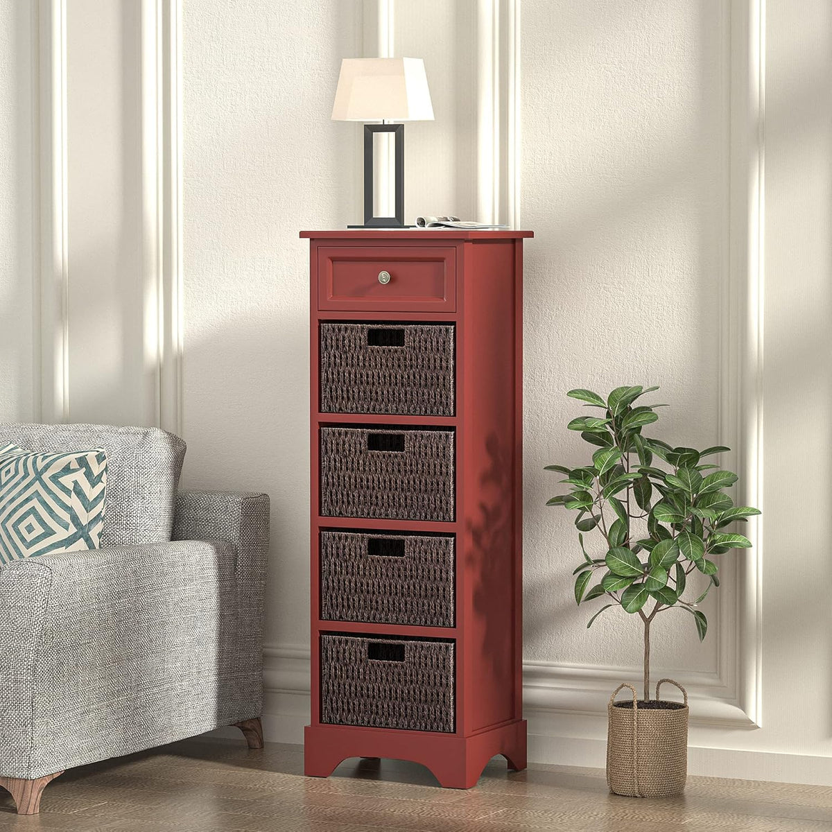 Red Farmhouse Accent Cabinet Console Table with 1 Drawer and 4 Removable Baskets P91703