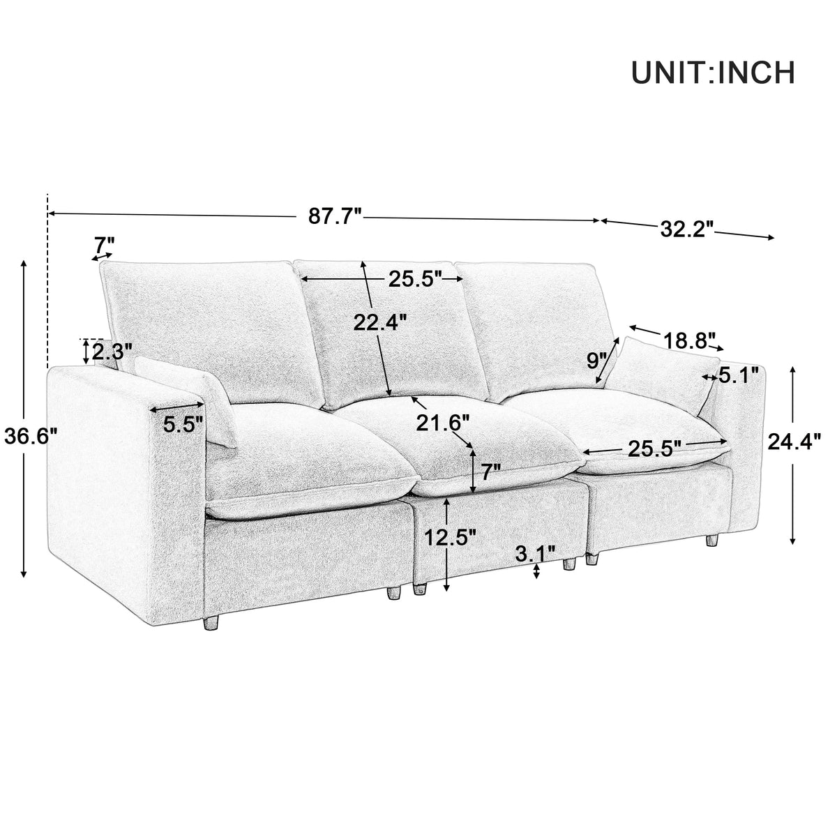 3 Seater White Teddy Fabric Sofa with Pillows E22944