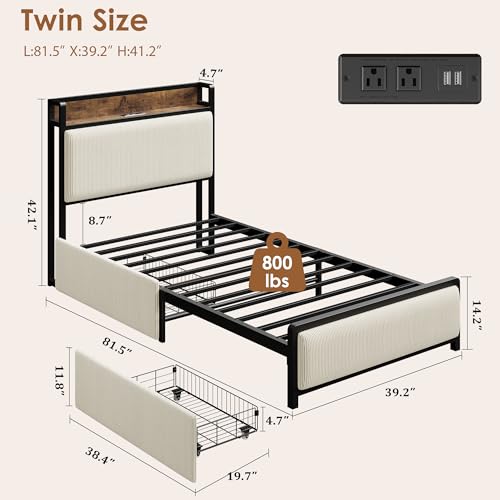 Full Size Linen Upholstered Platform Bed Frame with Storage Headboard and 2 Drawers J182