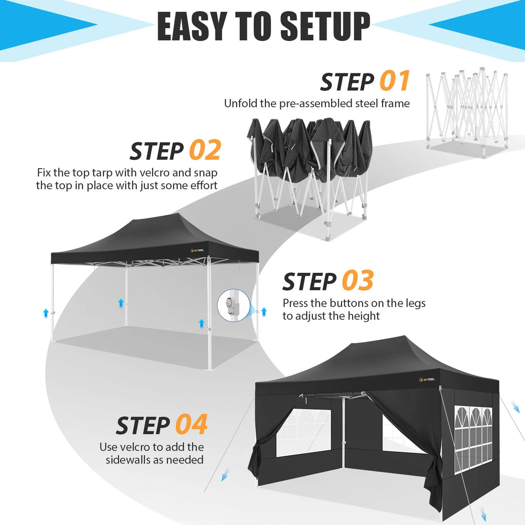 10x15 Heavy Duty Pop up Canopy Tent with 4 Sidewalls and Roller Bag, Black U176