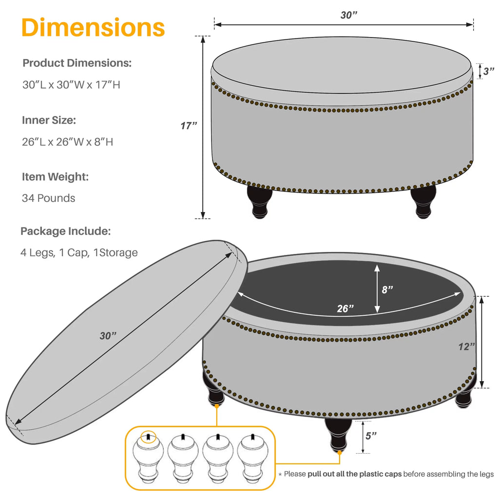 Dark Grey Upholstered Round Storage Ottoman P344908