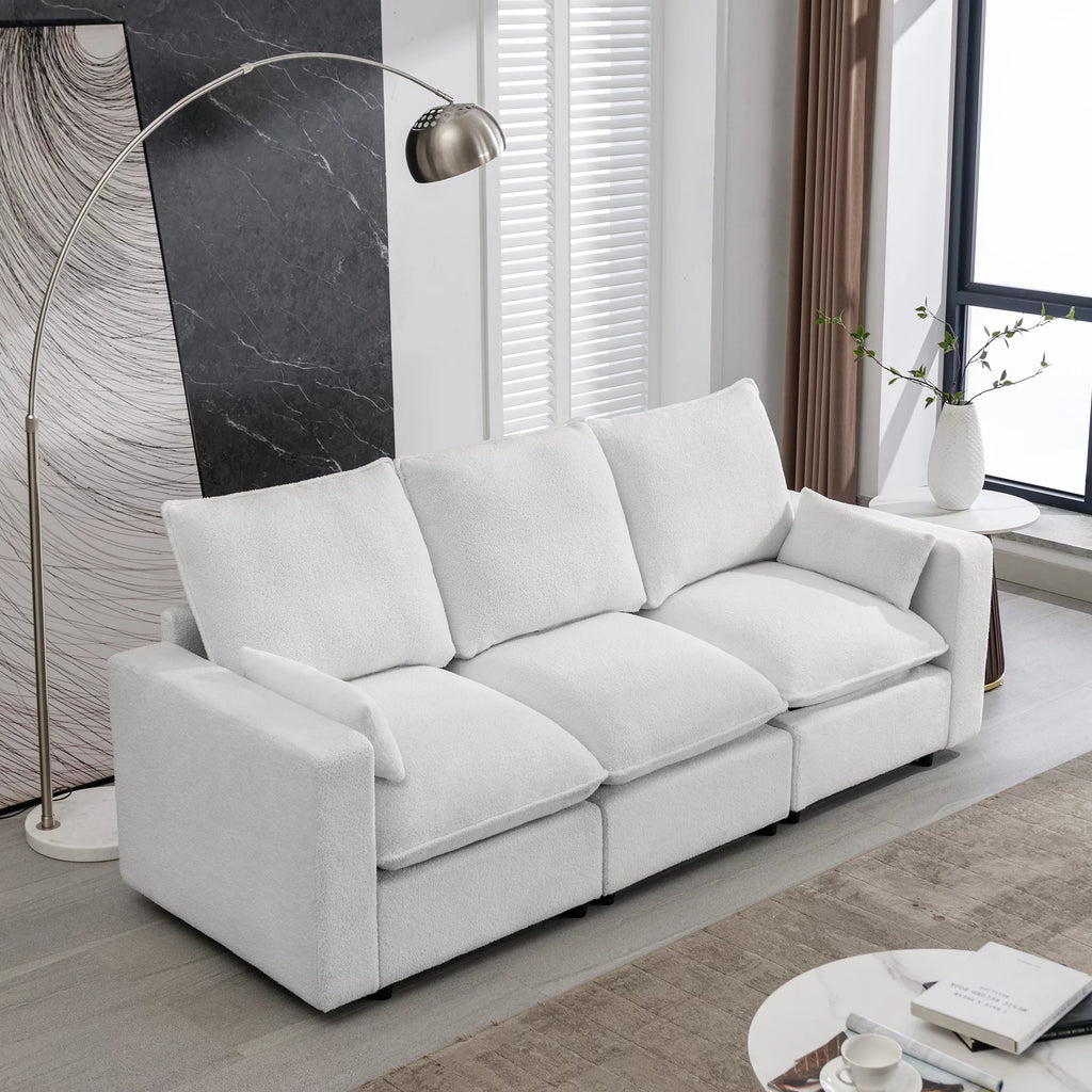 3 Seater White Teddy Fabric Sofa with Pillows E22944