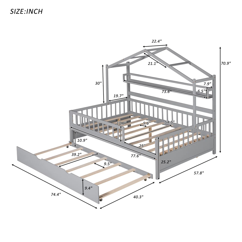 Gray Wood Twin House Bed with Trundle J17146