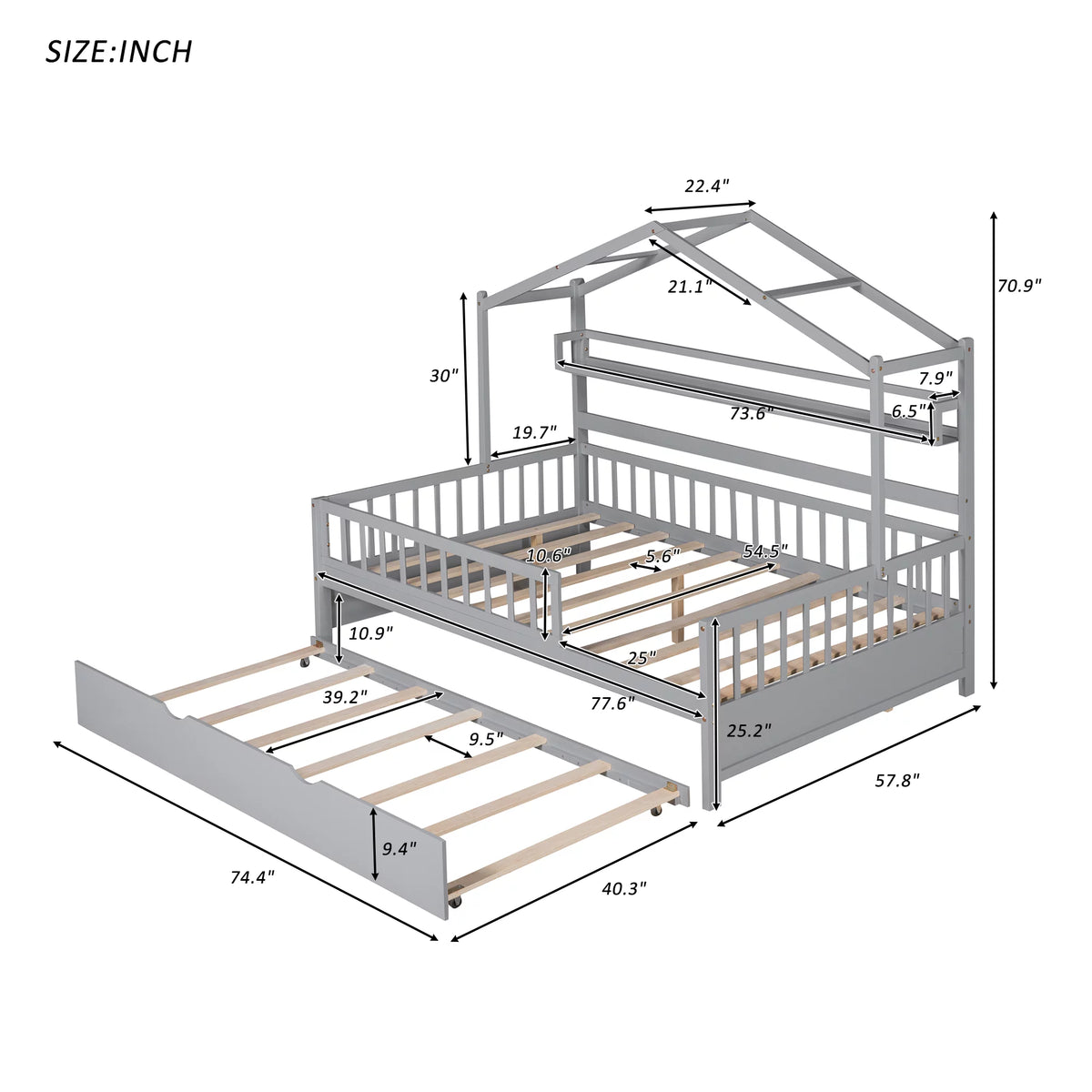 Gray Wood Twin House Bed with Trundle J17146