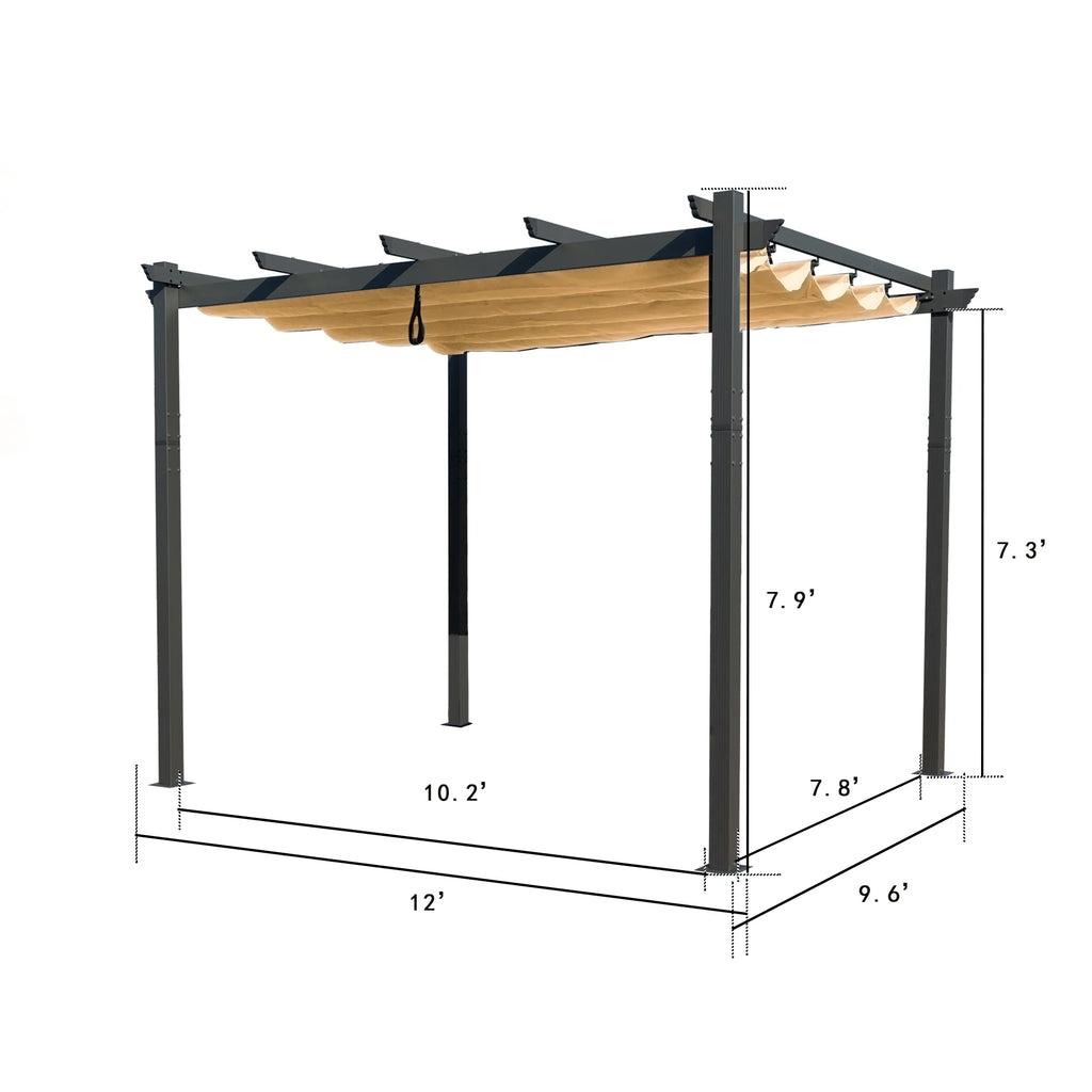 Extra-Large Gray Aluminum Frame Pergola with Sunshade Canopy 10'x12' Beige X363847
