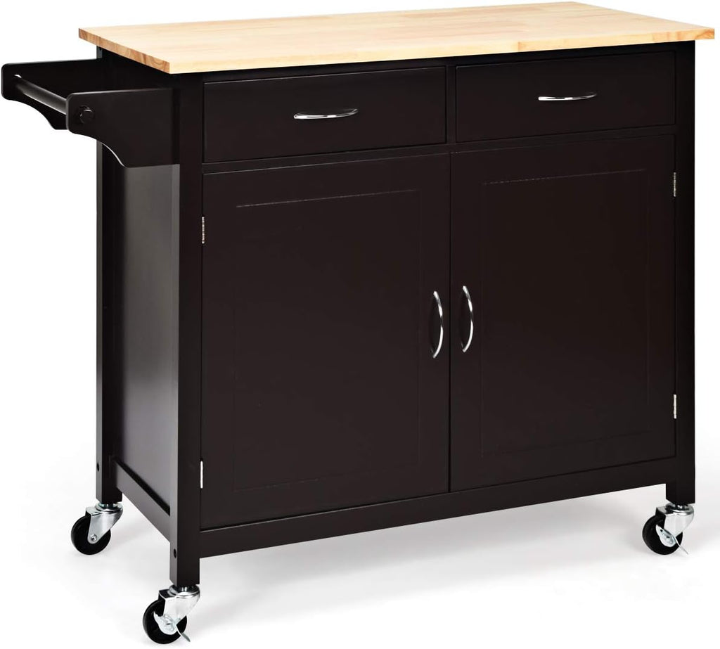 White Rolling Kitchen Island Cart with Rubber Wood Top J792
