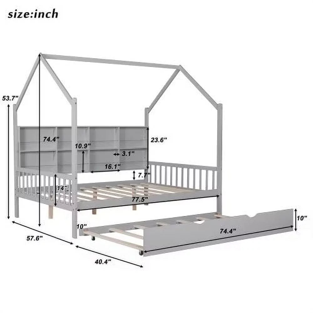 White Full Size Wood House Bed with Trundle and Shelves A943288